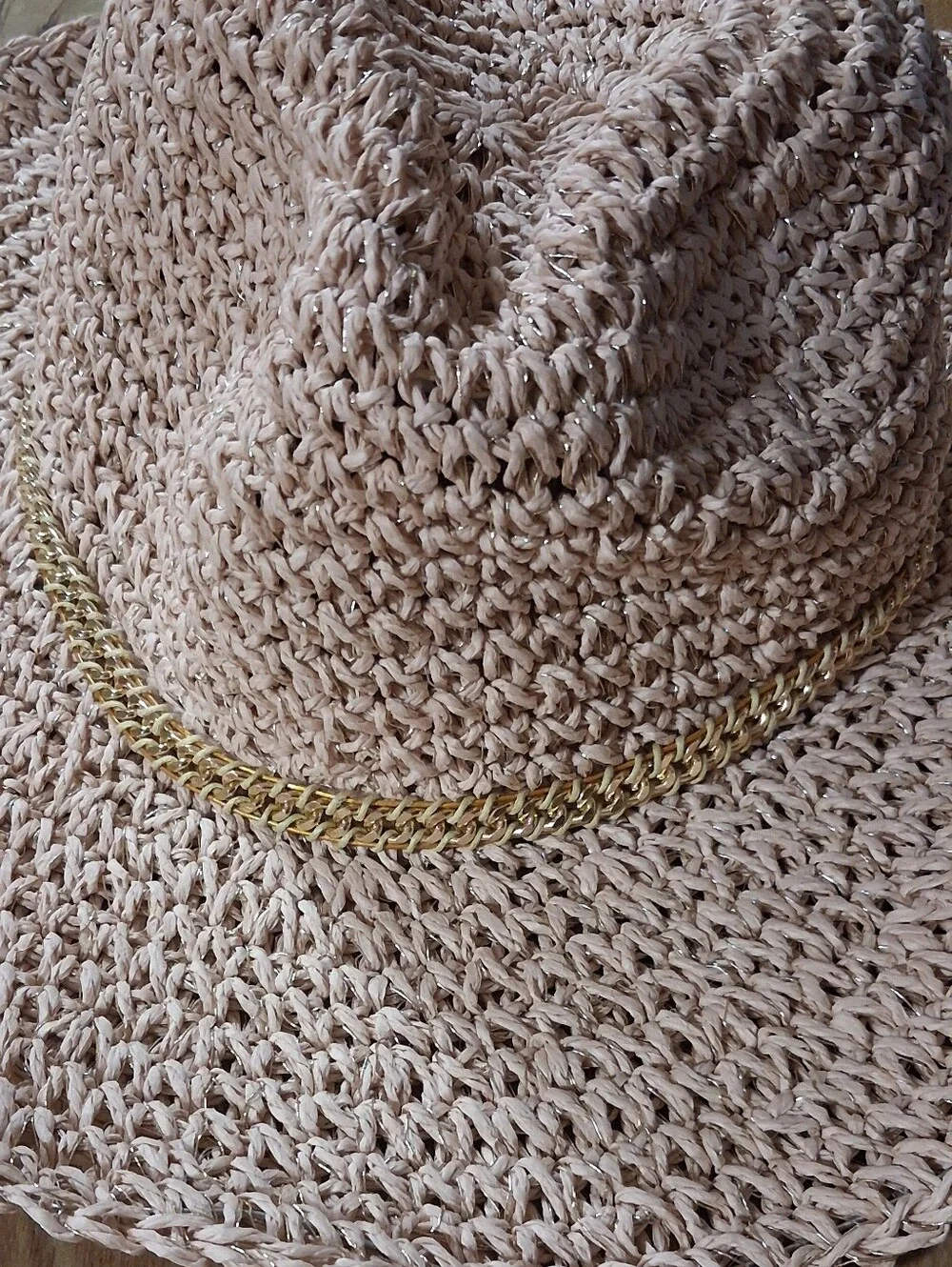 Able Beige Crochet Fedora with Gold Chain Trim